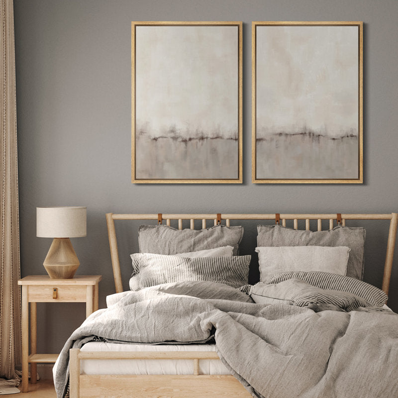 Neutral Abstract Landscape Diptych Framed Canvas Art for Modern Home Decor