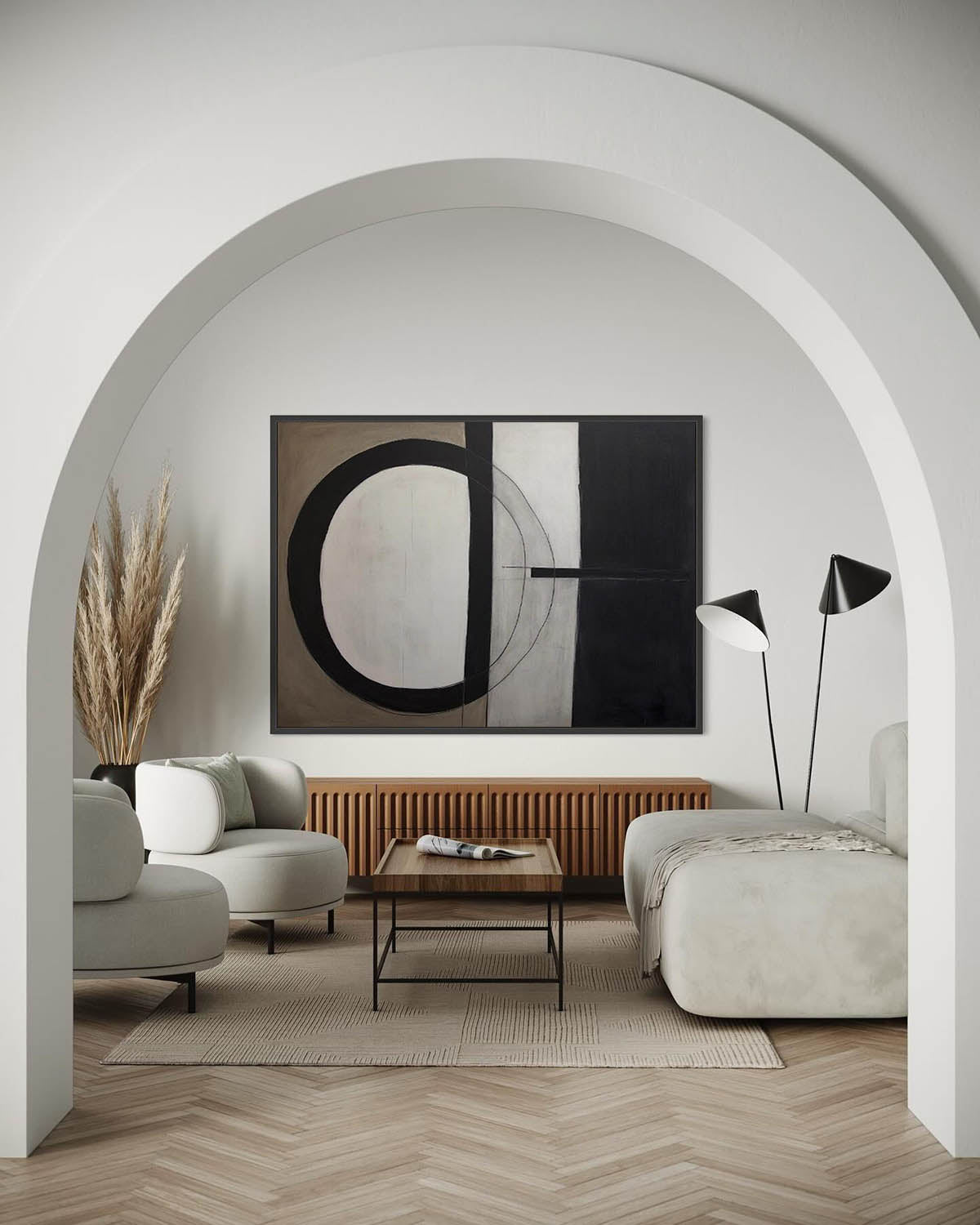 Modern Abstract Oil Painting with Geometric Shapes in Black and White