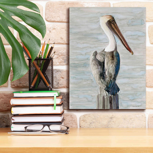 Elegant Oil Painting of a Brown Pelican in Coastal Serenity