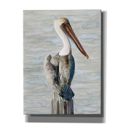 Elegant Oil Painting of a Brown Pelican in Coastal Serenity