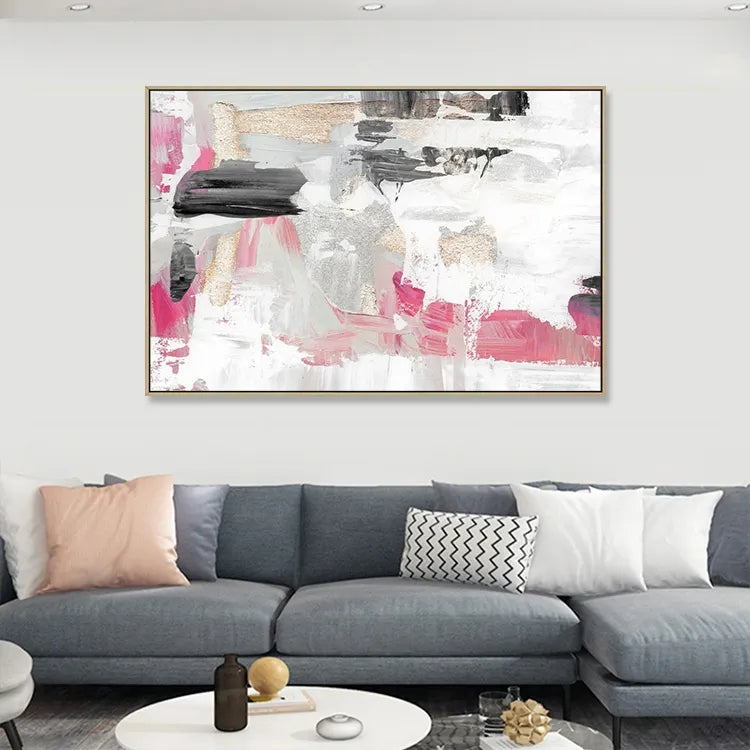 Abstract Oil Painting in Soft Pink and Gold - Modern Wall Art for Elegant Home Decor