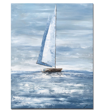 Tranquil Sailing Scene: Serene Oil Painting of a Boat on Calm Waters