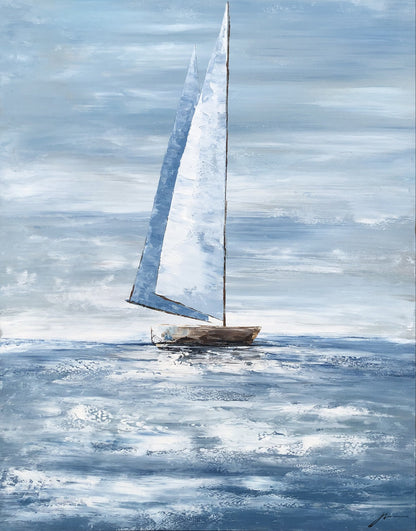 Tranquil Sailing Scene: Serene Oil Painting of a Boat on Calm Waters