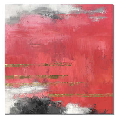 Vibrant Abstract Oil Painting with Bold Red and Elegant Gold Accents