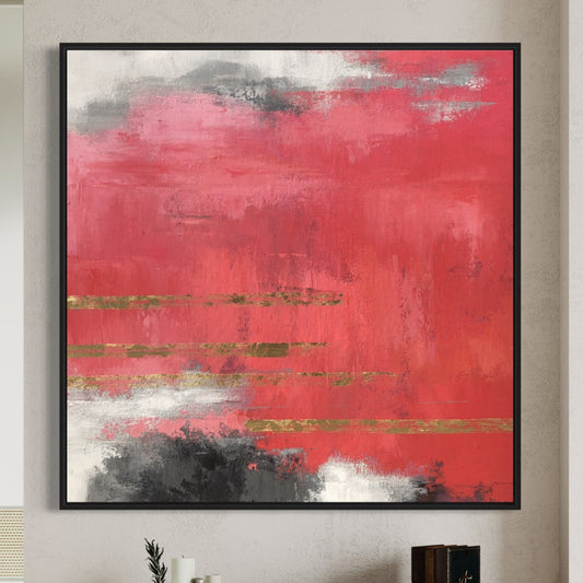 Vibrant Abstract Oil Painting with Bold Red and Elegant Gold Accents