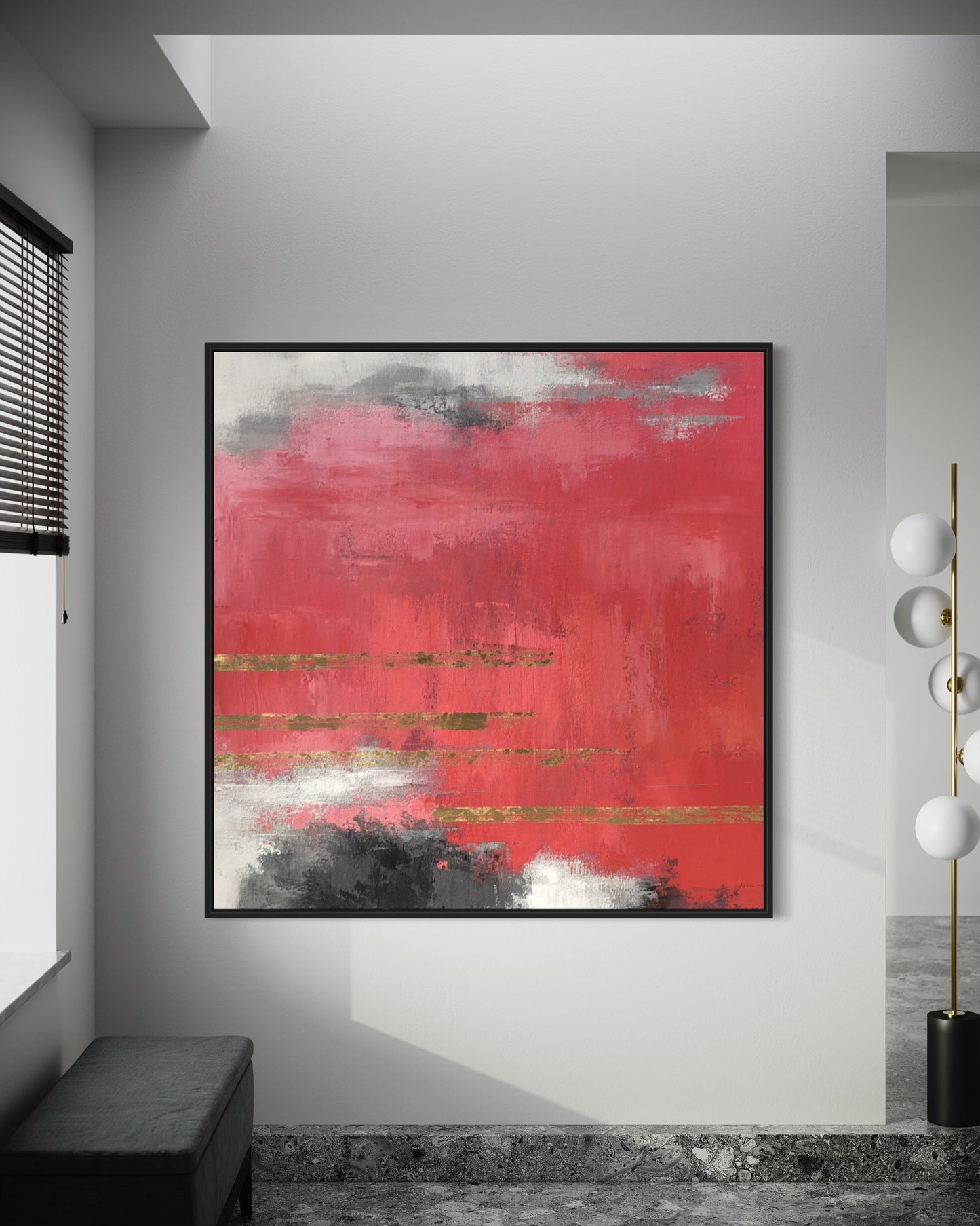 Vibrant Abstract Oil Painting with Bold Red and Elegant Gold Accents