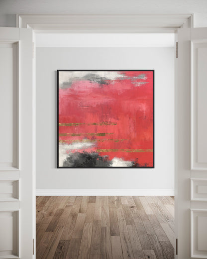 Vibrant Abstract Oil Painting with Bold Red and Elegant Gold Accents