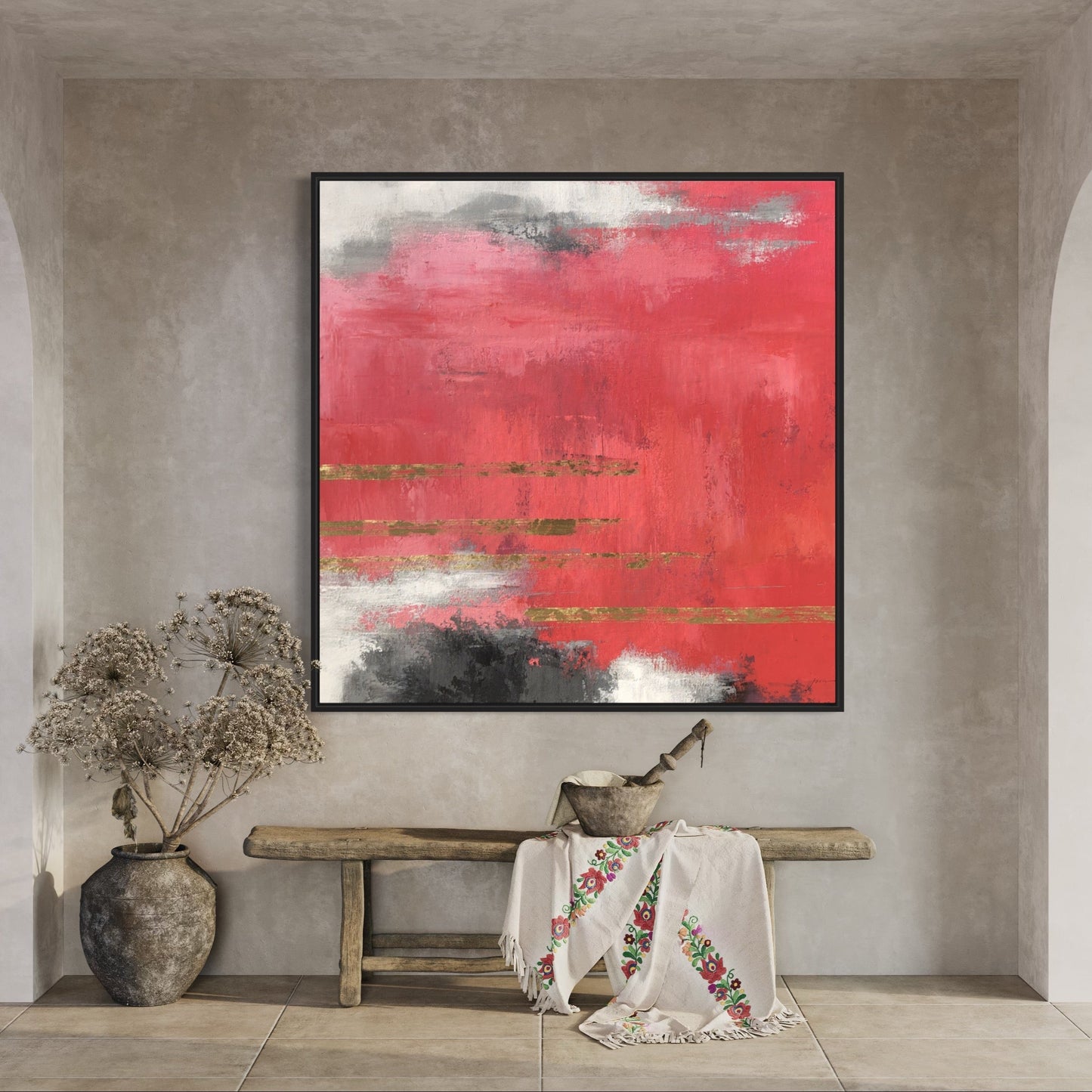 Vibrant Abstract Oil Painting with Bold Red and Elegant Gold Accents