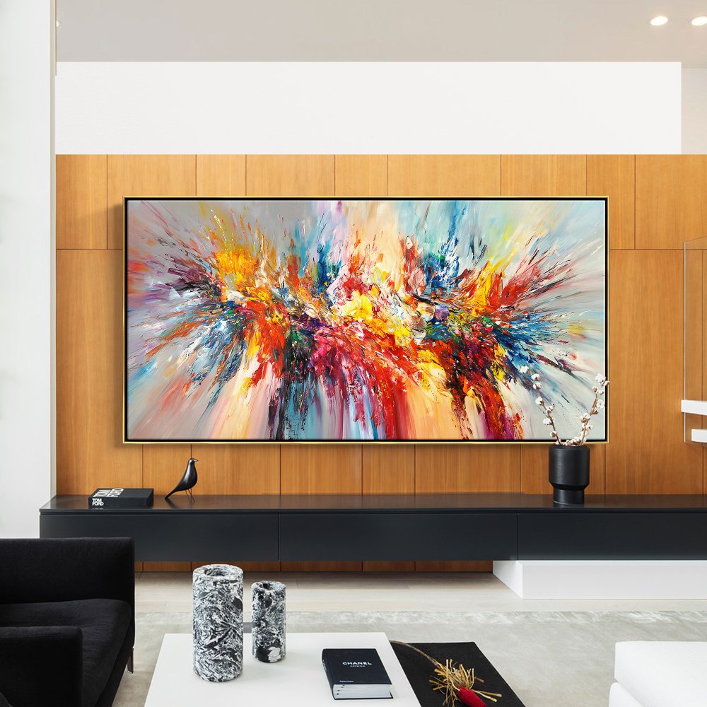 Vibrant Abstract Oil Painting of Joyful Colors and Dynamic Swirls for Modern Decor