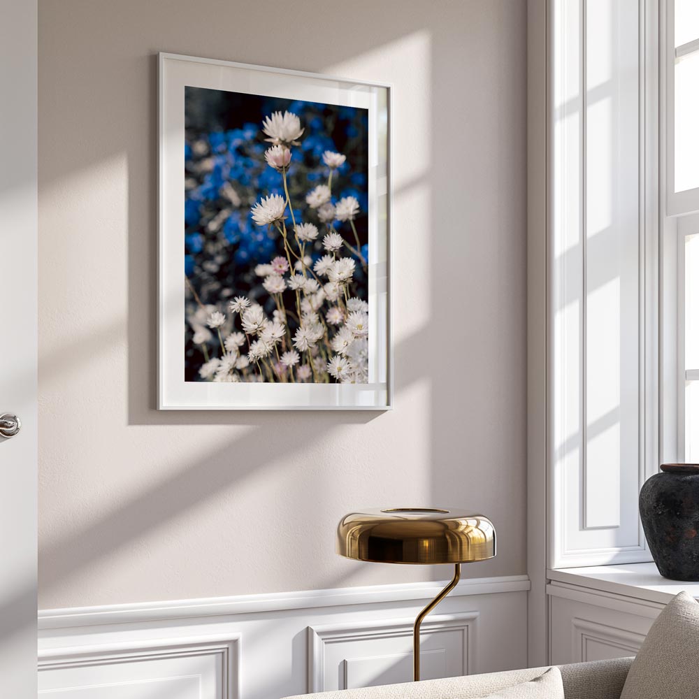Timeless Floral Art: Serene Daisy Blooms on Blue Background Oil Painting