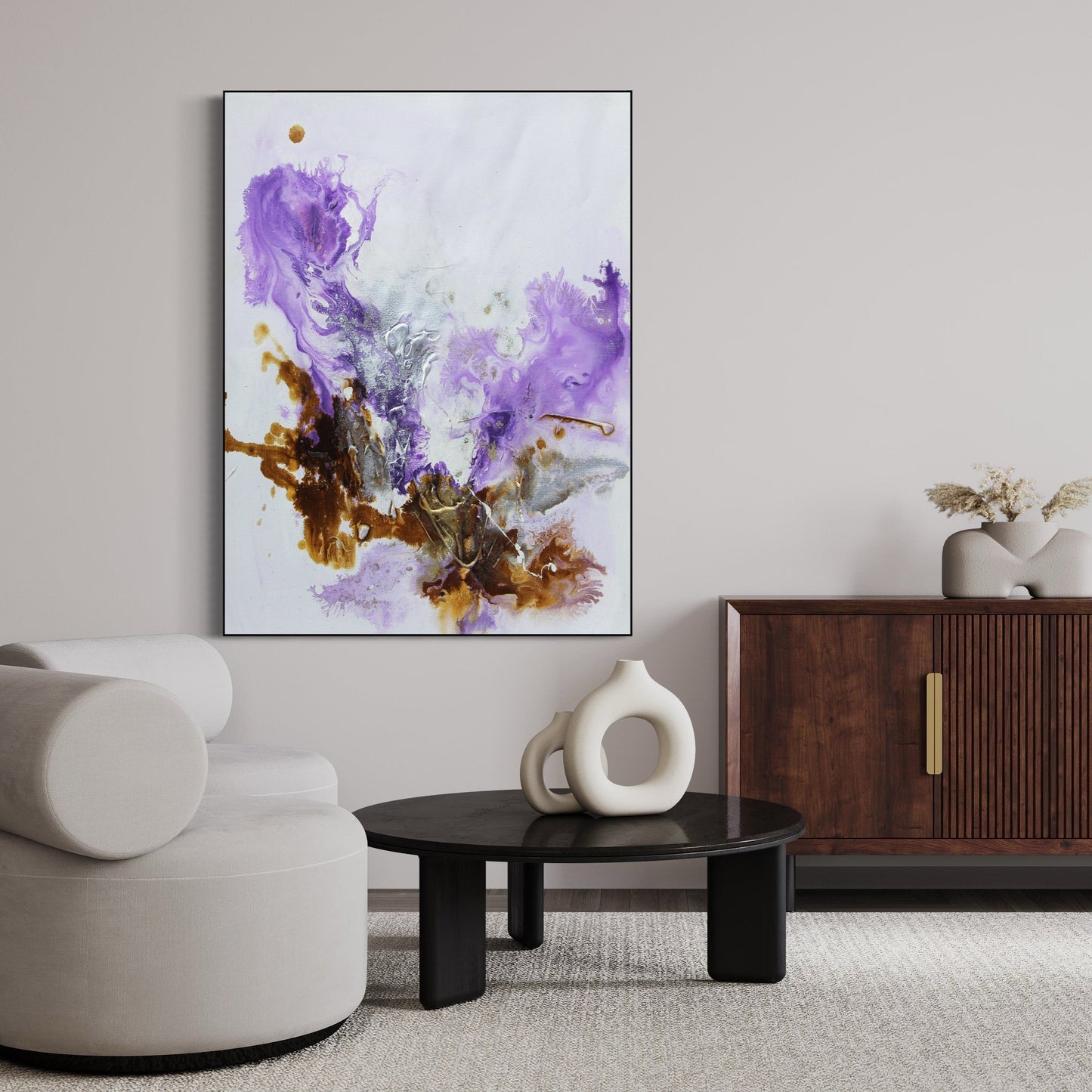 Abstract Purple and Gold Oil Painting for Modern Home Décor