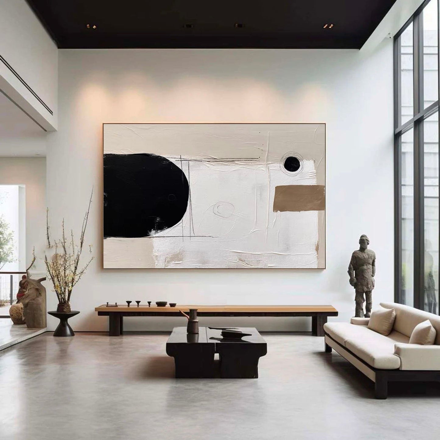 Elegant Minimalist Abstract Oil Painting in Black and White for Modern Decor