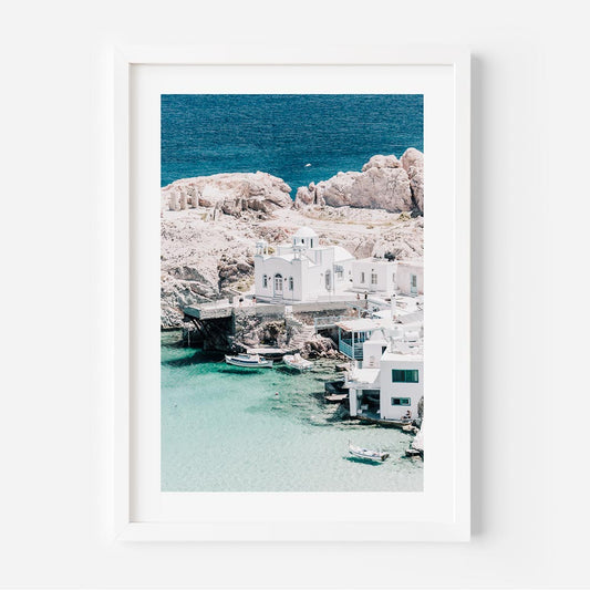 Serene Firopotamos Seaside Oil Painting of White Architecture and Crystal Waters