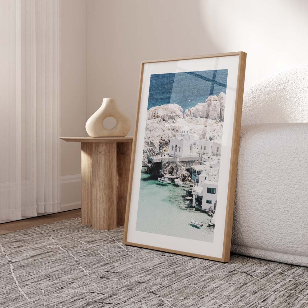 Serene Firopotamos Seaside Oil Painting of White Architecture and Crystal Waters