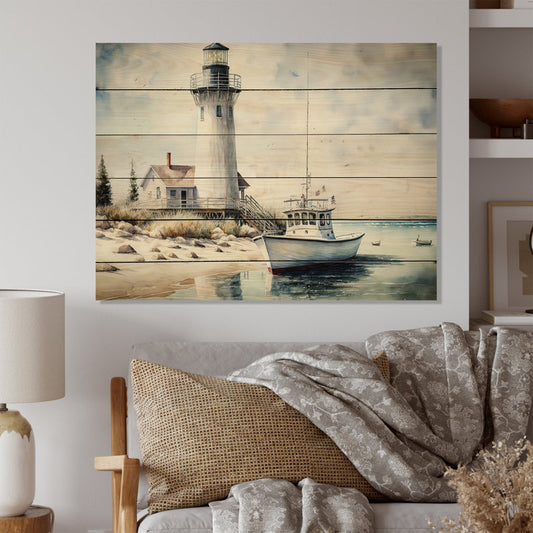 Coastal Serenity: Fishing Boat and Lighthouse Oil Painting