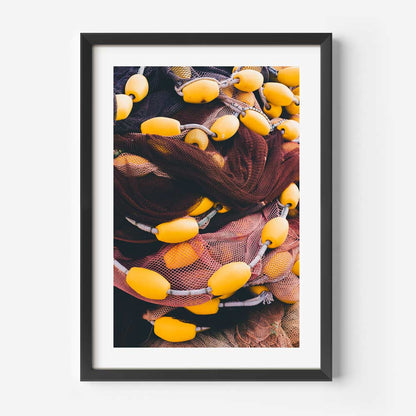 Vibrant Fishing Net Art Print with Yellow Floats – Coastal Home Decor