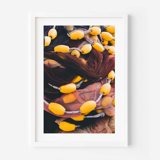 Vibrant Fishing Net Art Print with Yellow Floats – Coastal Home Decor