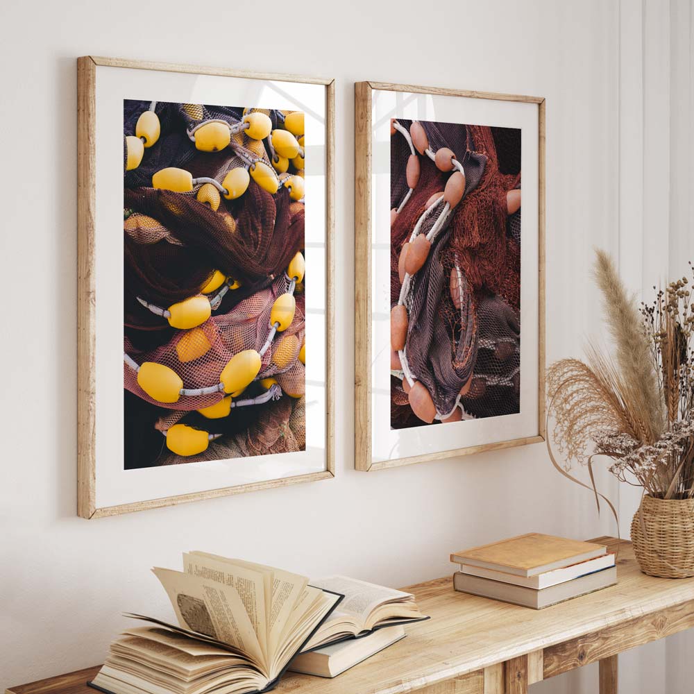 Vibrant Fishing Net Art Print with Yellow Floats – Coastal Home Decor