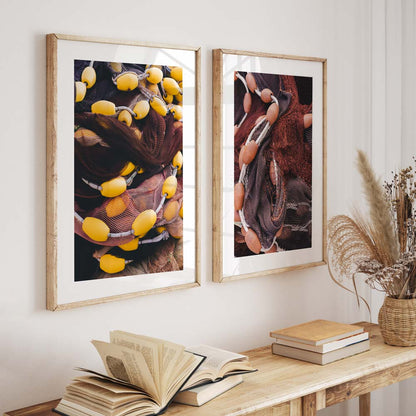 Vibrant Fishing Net Art Print with Yellow Floats – Coastal Home Decor