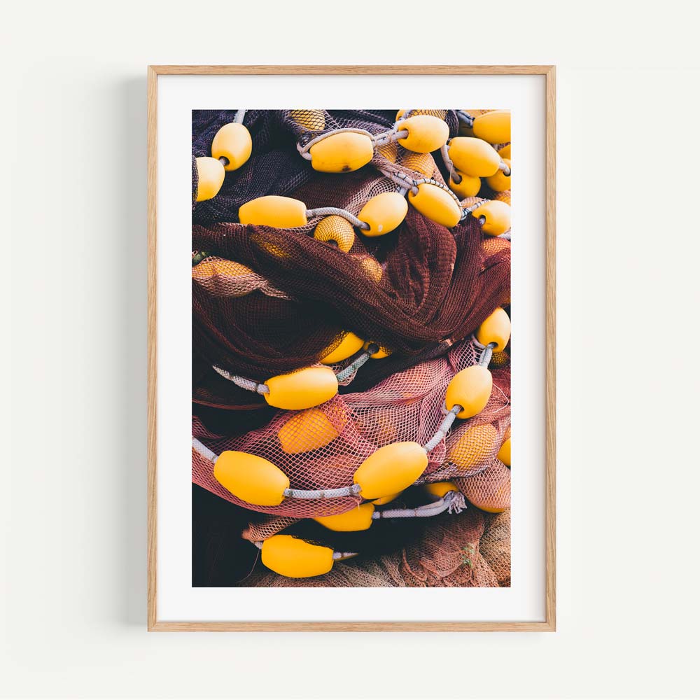 Vibrant Fishing Net Art Print with Yellow Floats – Coastal Home Decor