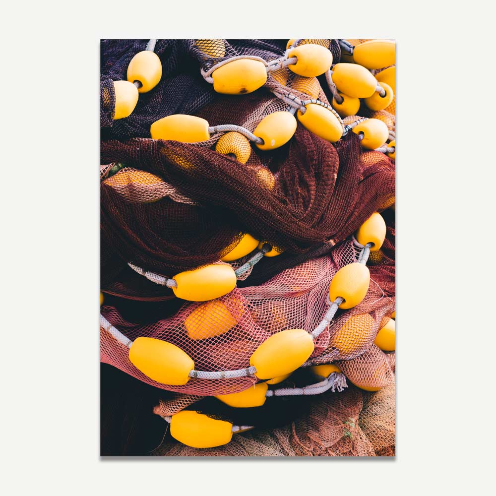 Vibrant Fishing Net Art Print with Yellow Floats – Coastal Home Decor