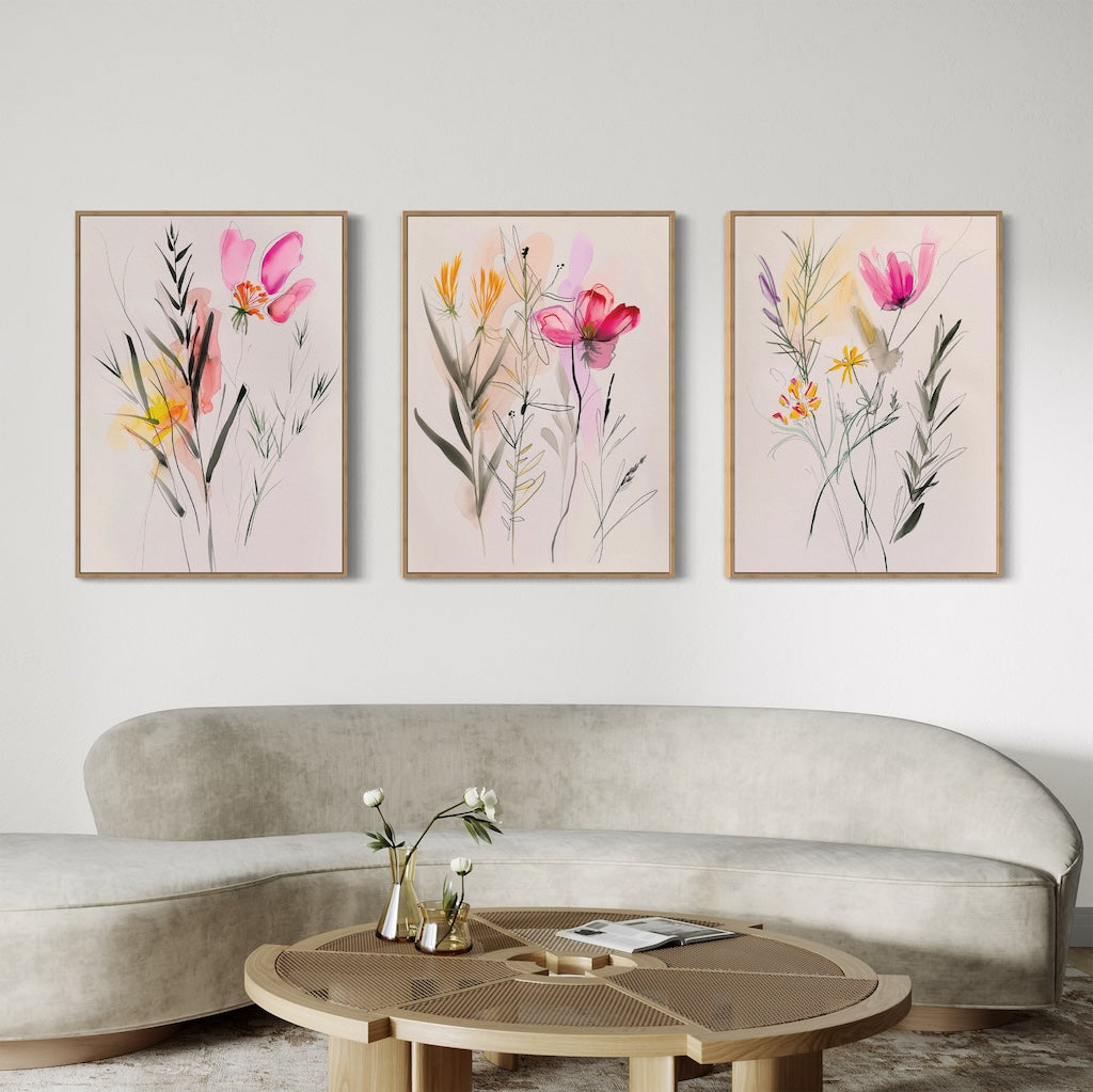 Vibrant Floral Triptych Oil Paintings for Elegant Home Décor