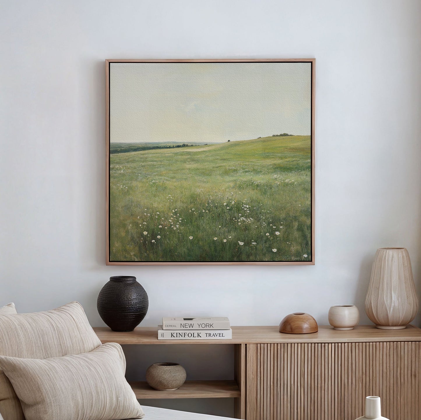 Serene Floral Meadow Landscape Oil Painting for Home Decor