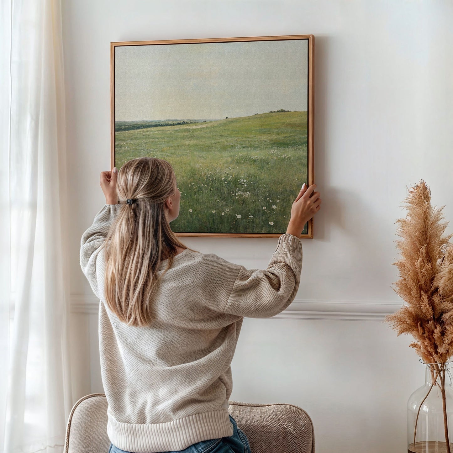 Serene Floral Meadow Landscape Oil Painting for Home Decor