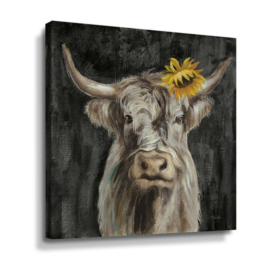 Charming Floral Highland Cow Oil Painting with Sunflower Accent