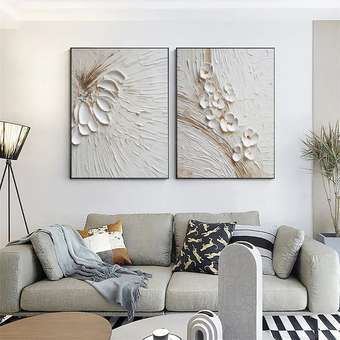 Textured White Floral Oil Painting Set for Modern Home Décor