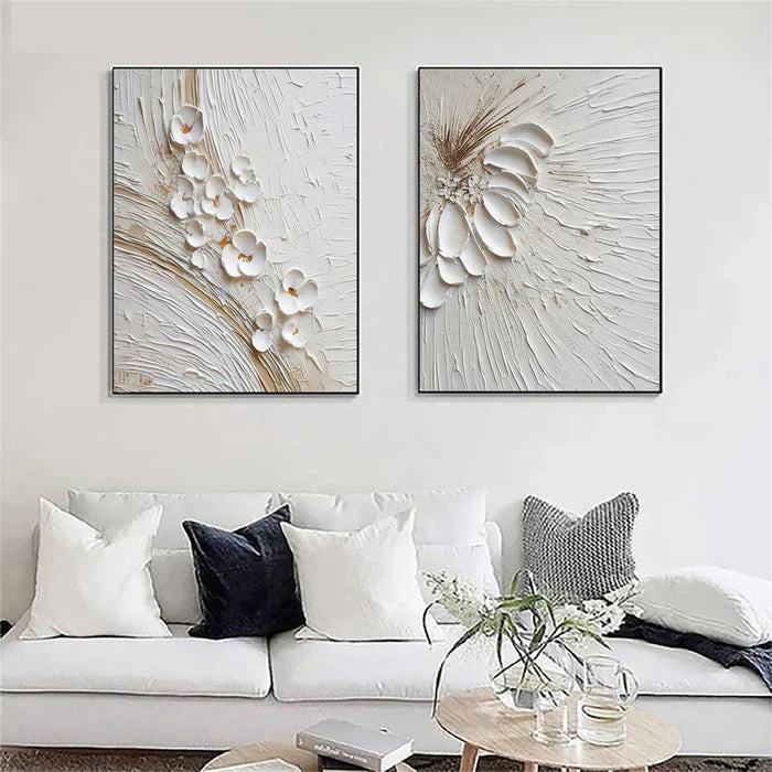 Textured White Floral Oil Painting Set for Modern Home Décor