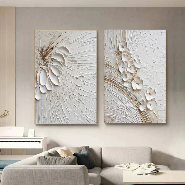 Textured White Floral Oil Painting Set for Modern Home Décor