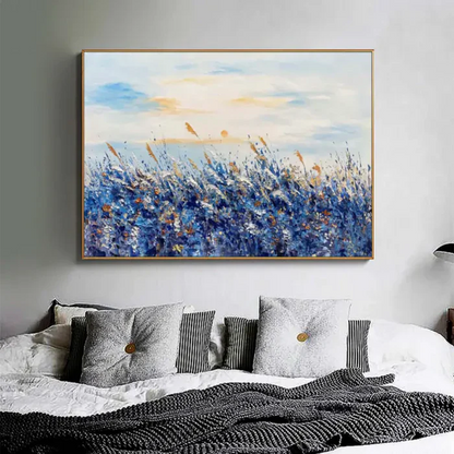 Serene Blue Fields Abstract Landscape Oil Painting for Modern Home Decor