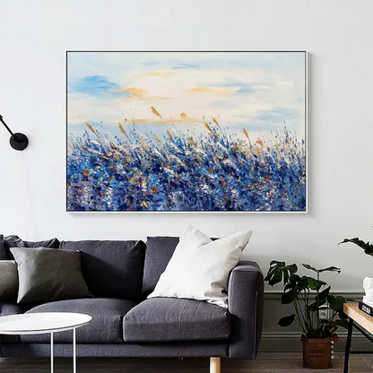 Serene Blue Fields Abstract Landscape Oil Painting for Modern Home Decor