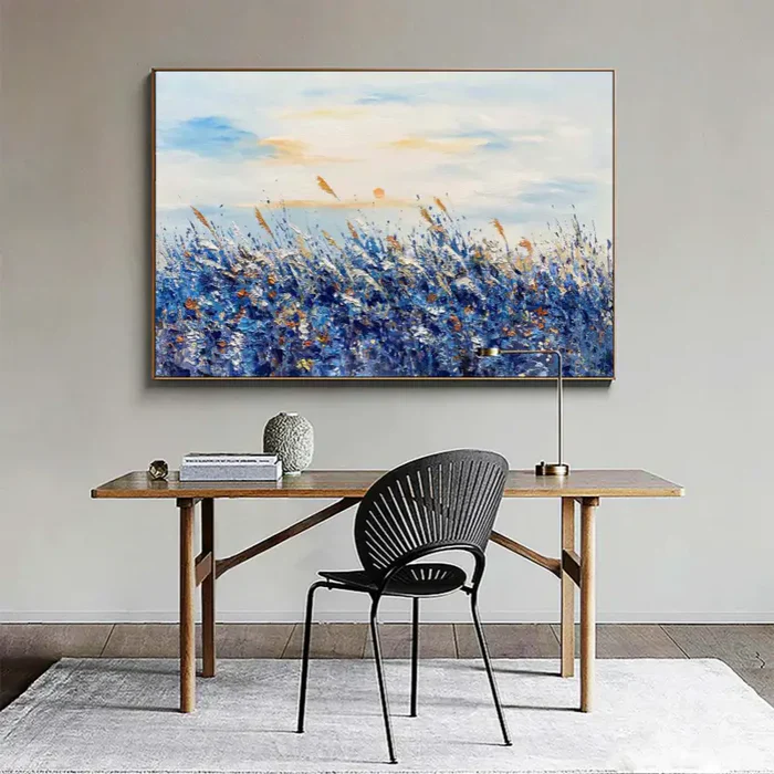 Serene Blue Fields Abstract Landscape Oil Painting for Modern Home Decor