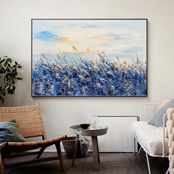 Serene Blue Fields Abstract Landscape Oil Painting for Modern Home Decor