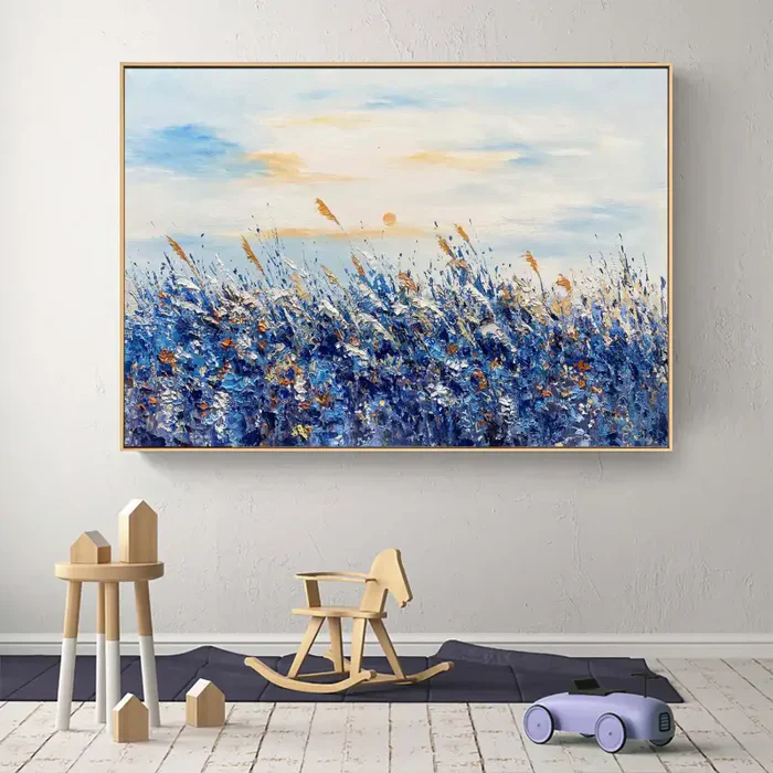 Serene Blue Fields Abstract Landscape Oil Painting for Modern Home Decor