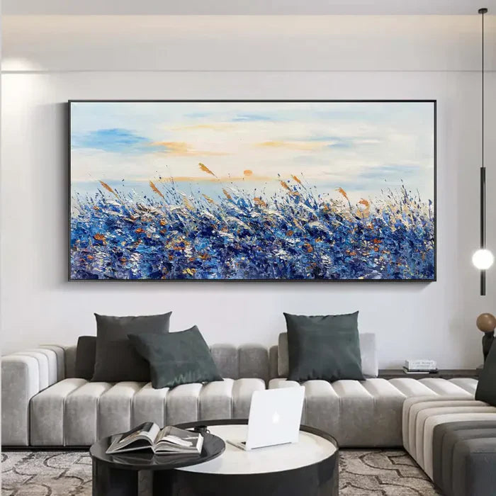 Serene Blue Fields Abstract Landscape Oil Painting for Modern Home Decor