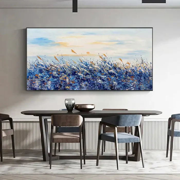 Serene Blue Fields Abstract Landscape Oil Painting for Modern Home Decor