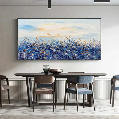 Serene Blue Fields Abstract Landscape Oil Painting for Modern Home Decor