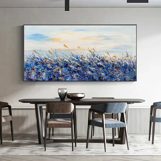 Serene Blue Fields Abstract Landscape Oil Painting for Modern Home Decor