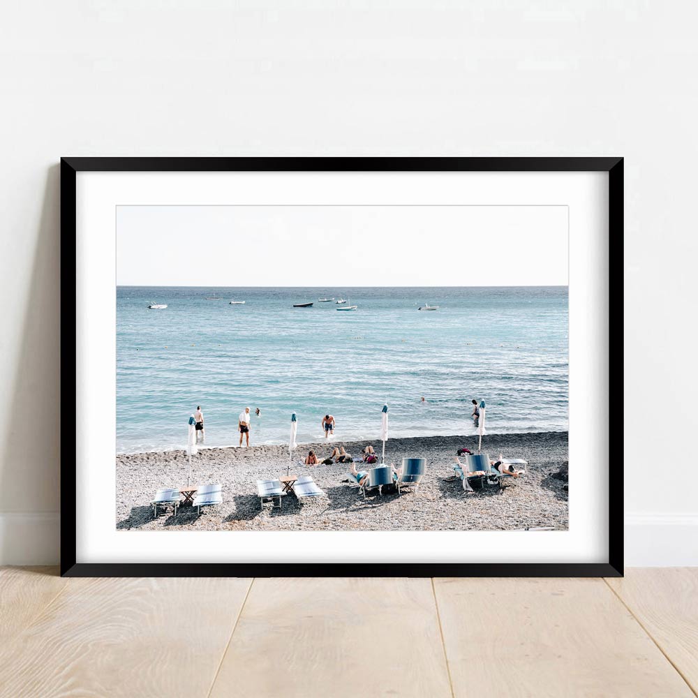 Serene Beach Scene with Bathers and Tranquil Waves in Beautiful Coastal Landscape