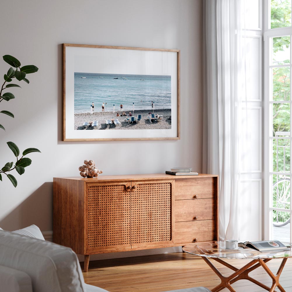 Serene Beach Scene with Bathers and Tranquil Waves in Beautiful Coastal Landscape