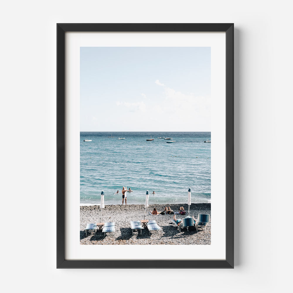 Serene Fornillo Beach Scene: Coastal Leisure Oil Painting for Home Decor