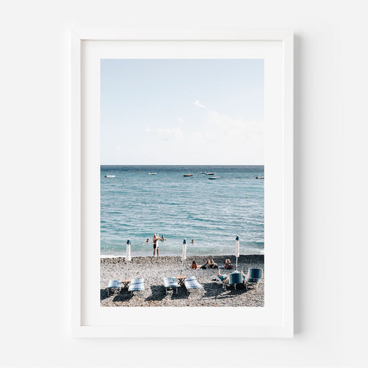 Serene Fornillo Beach Scene: Coastal Leisure Oil Painting for Home Decor