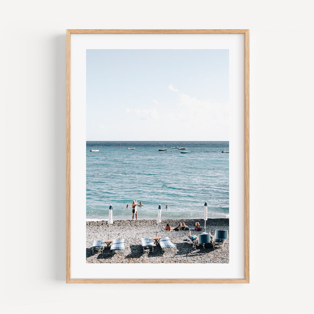 Serene Fornillo Beach Scene: Coastal Leisure Oil Painting for Home Decor