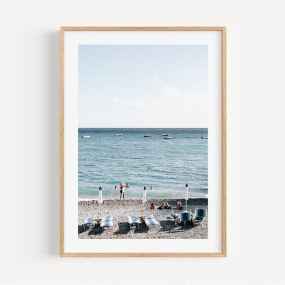 Serene Fornillo Beach Scene: Coastal Leisure Oil Painting for Home Decor