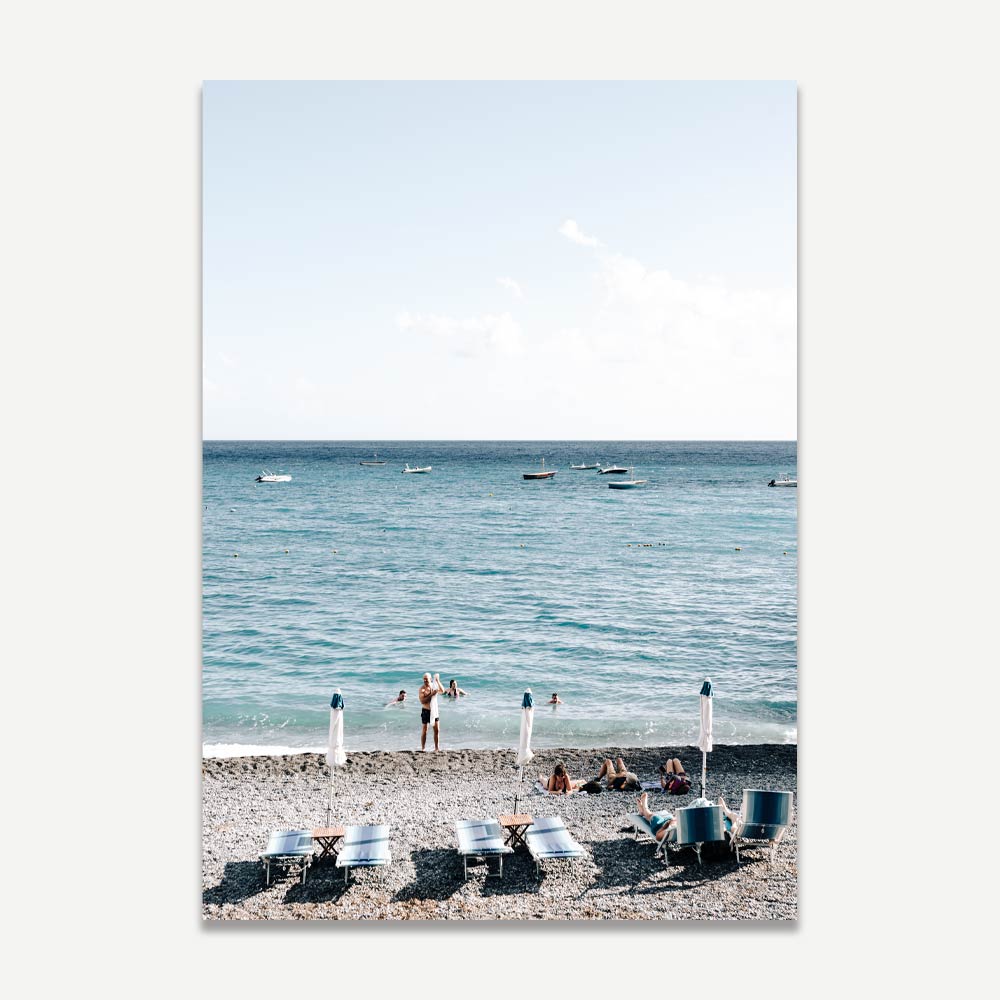 Serene Fornillo Beach Scene: Coastal Leisure Oil Painting for Home Decor