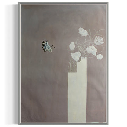 Elegant Floral Still Life with Butterfly in Soft Earth Tones Oil Painting