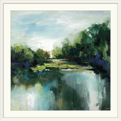 Tranquil Landscape Oil Painting with Reflective Water and Lush Greenery